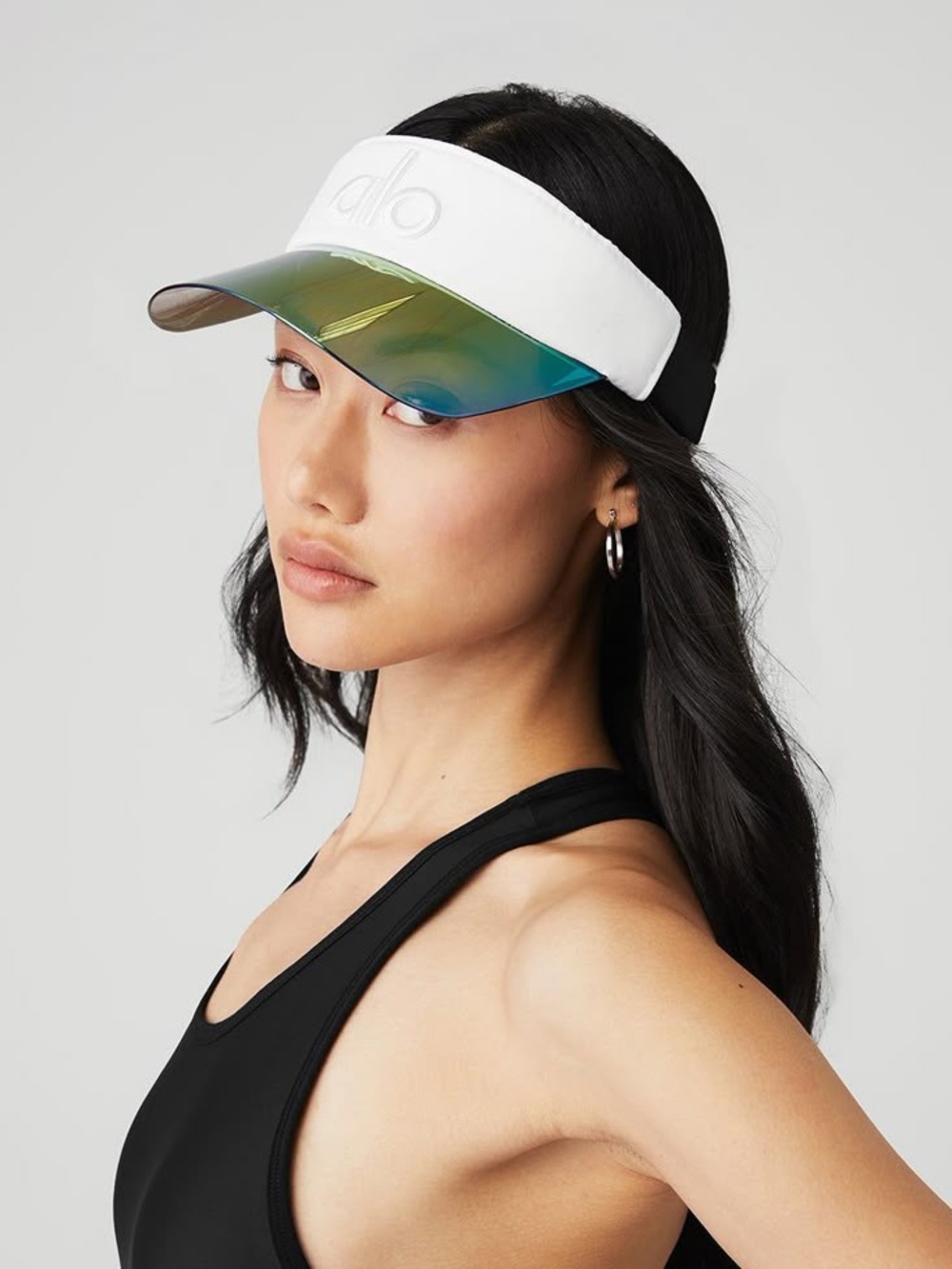 EUC ALO Yoga Airlift Solar White Visor w/ Iridescent Rainbow Brim
